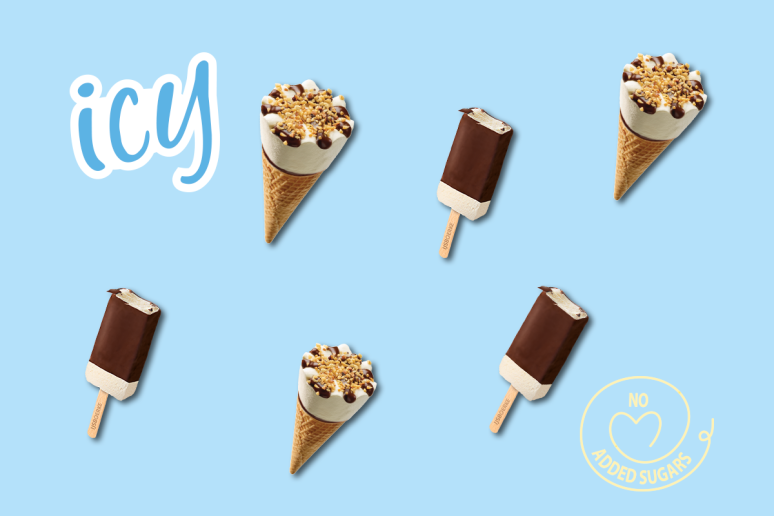 Icy Impuls-ijsjes, op blauwe achtergrond. No added sugars logo en Icy logo.
